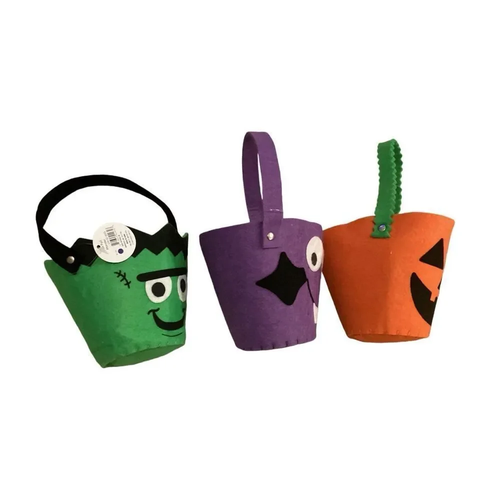 Lot Of 3 Felt Trick Or Treat Buckets Halloween Spooky Holiday Container Decor